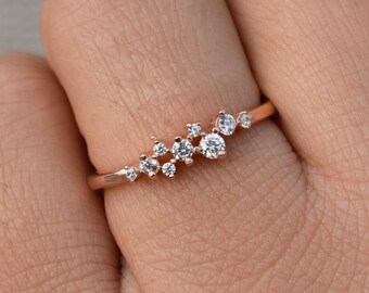 Diamonds Cluster Ring/ 14k Solid Rose Gold Stacking Unique Diamond Ring/ Conflict Free Natural Diamond Wedding Ring/ Diamond Engagement Ring