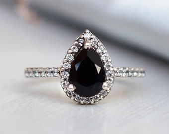 Anillo de compromiso antiguo de ónix negro, anillo de compromiso art déco de ónix negro, conjunto único de anillo de compromiso con piedra negra, conjunto de anillo nupcial con piedra negra
