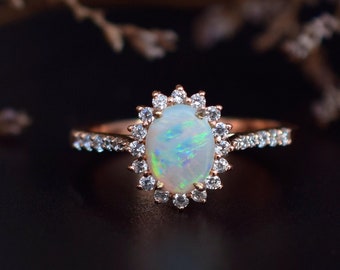 Austalian Opal Ring, Vintage Opal Engagement Ring, Gold Opal Ring, Women's Opal Ring, Oval Opal Ring, Halo Opal Ring, Opal Wedding Ring