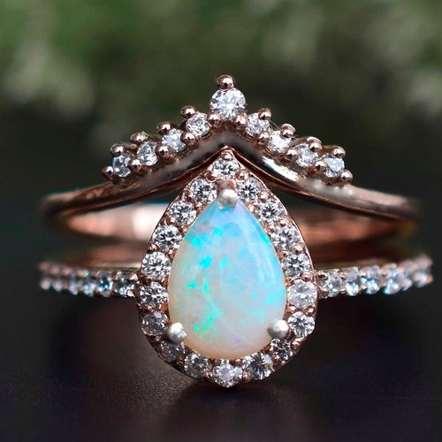 Pear Shaped Opal Engagement Ring Set Vintage Rose Gold Ring - Etsy