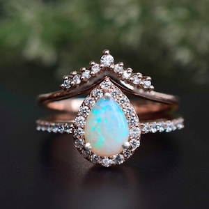 Antique Australian Opal Engagement Ring Set, Natural Opal Pear Engagement Ring, Vintage Art Deco Opal Rose Gold Wedding Ring,White Opal Ring