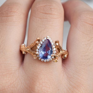 Vintage Alexandrite Twig Engagement Ring, 14k Rose Gold Alexandrite Ring, Antique Ring For Women, Alexandrite Vintage Leaf CZ Promise Ring