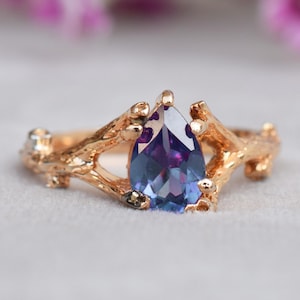 Alexandrite Engagement Twig Engagement Ring Vine Leaf Vintage Black Onyx Wedding Ring Art Deco Leaf Wedding Ring Purple Leaf Promise Ring