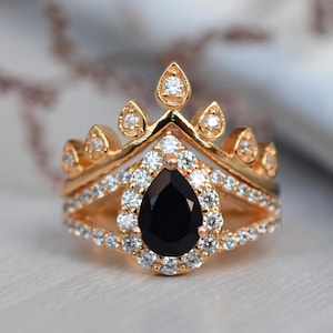 Vintage Black Onyx Pear Shaped Wedding Engagement Ring Set 925 Sterling Silver CZ Diamond Black Engagement Ring Black Onyx Stacking Ring Set
