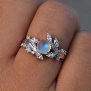 Moonstone engagement ring Rose gold engagement ring Diamond Cluster ring Unique Delicate leaf wedding Bridal Ring Leaf and vine wedding ring