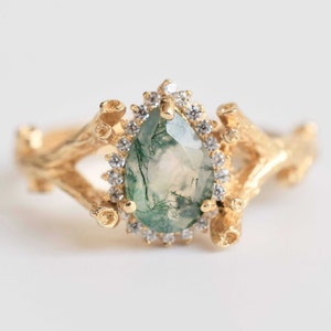 Moss Agate Engagement Twig ring, Women Nature Inspired Wedding Band, Art Deco Leaf Ring, Green Moss Agate Silver Ring, Dainty Promise Ring