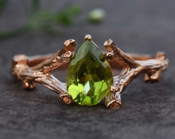 Peridot Pear Engagement Ring, Twig Engagement Ring, 14k Gold Peridot Ring, Floral Wedding Ring, Green Engagement Ring, August Birthstone