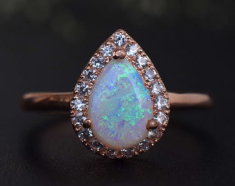 Antique Australian Opal Pear Engagement Ring, 14k Rose Gold Opal Ring, Opal Halo Wedding Ring, Unique Anniversary Teardrop Opal Promise Ring