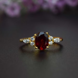 Garnet Engagement Ring, Oval Cut Natural Red Garnet Ring, January Birthstone Ring, Boho Garnet Wedding Ring, Marquise Ring, 14k Gold Ring
