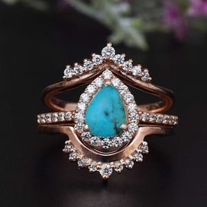 Ensemble de bague de fiançailles turquoise 3PCS, ensemble de bague de fiançailles en diamant CZ en or rose vintage, bague de promesse