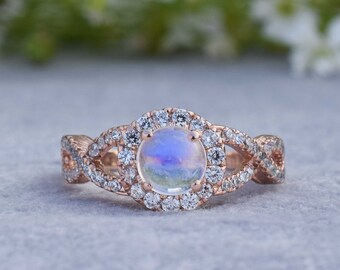 Natural Moonstone Round Engagement Ring, Rose Gold Silver Ring, Infinite Diamond Ring June Birthstone Ring,Rainbow Moonstone Engagement Ring