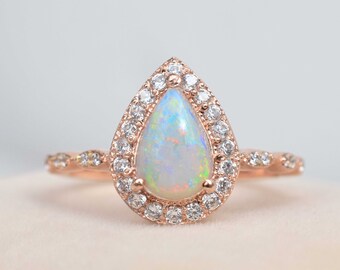 Natural Australian Opal Vintage Ring, Opal Pear Engagement Ring, 925 Sterling Silver Opal Ring, Vivid Opal Wedding Ring, Floral Ring For Her