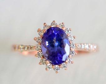 A+ 1.20 Ct Tanzanite Ring, Women Engagement Ring Rose Gold, Halo Tanzanite ring, Tanzanite Jewelry, Blue Gemstone Ring, Anniversary Gift