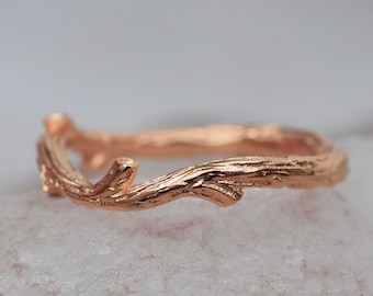 Twig Wedding Band, 14k Rose Gold Dainty Twig Ring, Leaf Ring, Twig Branch Wedding Band, Leaf Branch Ring, Anniversary Promise Ring For Her