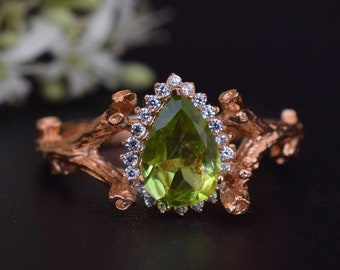 Vintage Peridot Engagement Ring, Twig and Leaf Wedding Ring Women, wood grain ring, August Birthstone Promise Ring, bark wedding ring gold