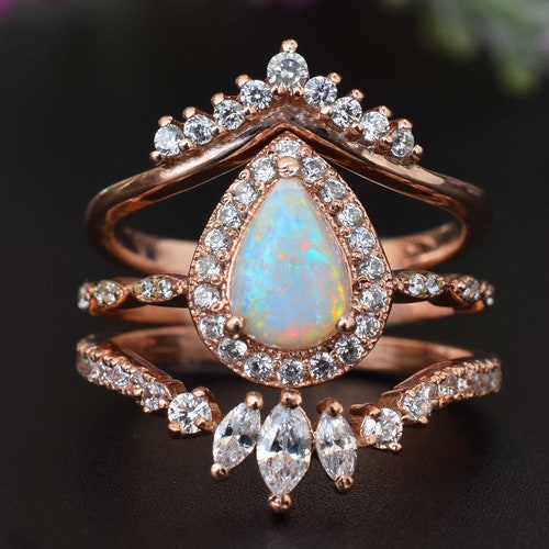 Pear Blue Australian Opal CZ Halo Ring Women Jewelry 14K Gold Plated Size 6 to 9 