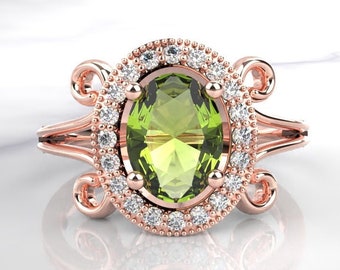 Vintage Natural Peridot Oval Shaped Wedding Engagement Ring,Art Deco Peridot Engagement Ring,August Birthstone 14k Gold Peridot Wedding Ring