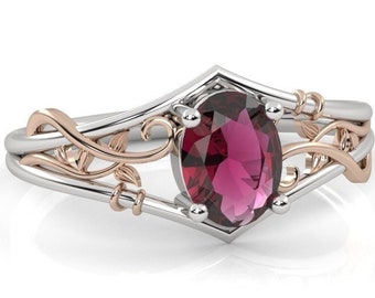 Rhodolite Garnet Twig Engagement Ring, Nature Inspired Leafy Garnet Ring, Garnet Wedding Ring, Red Gemstone Boho Ring, January Birthstone