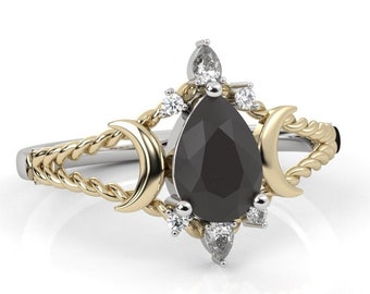 Natürlicher schwarzer Onyx-Verlobungsring 14k Rose Gold schwarzer Onyx dreifacher Mondring, okkulter Schmuck, schwarzer Onyx Twist Rope Ring