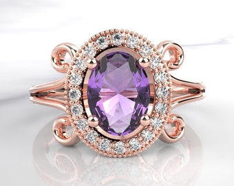 Natural Amethyst Wedding Ring, Vintage Amethyst Filigree Engagement Ring, Dainty Amethyst Engagement Ring, February Birthstone Promise Ring