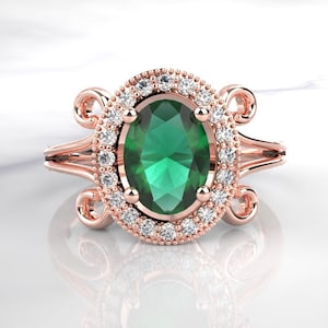 Natural Emerald Ring, Vintage Emerald Engagement Ring 14k Rose Gold Diamond ring, Antique wedding promise anniversary ring,Oval Emerald Ring