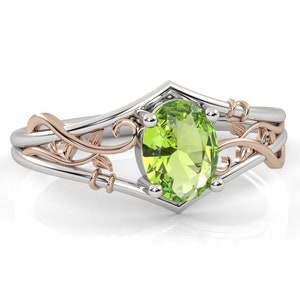 Peridot August birthstone Engagement Ring, Wizard Ring Green, Forest Fairy Ring, Tree Branch Leaves Ring for Women, Rustic Wedding Twig Ring