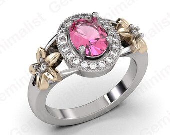 Pink Tourmaline Flower Ring, Twig Vintage Ring Pink Tourmaline Daisy Engagement Ring Dainty Branch Ring Nature Inspired Ring Vine FlowerRing