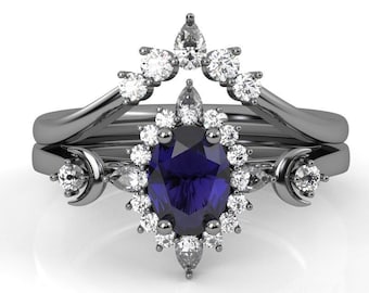 Iolite Engagement Ring Set, Triple Moon Witchy Wedding Ring, Gothic Engagement Rings For Women, Crescent Moon Ring Gold,Silver Moon Ring Set