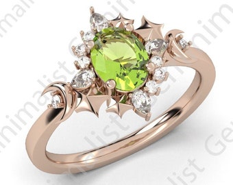 Förlovningsring med peridot, trippelmånering, födelsesten i augusti, olivgrön ring, vigselring i 14 karat guld med peridot, selenring, himmelsk ring