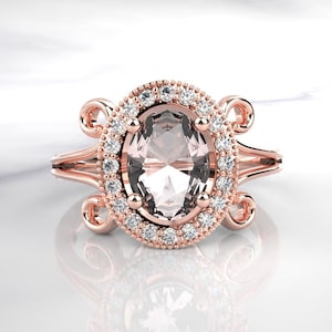 Vintage Morganite Engagement Ring, 14K Rose Gold Ring, Morganite Wedding Ring, Oval Morganite Promise Ring, Pink Gemstone Halo Ring for Her