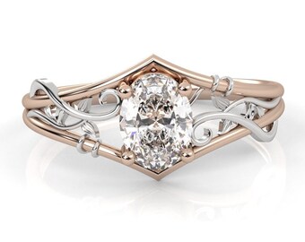 Ovaal geslepen moissaniet verlovingsring, 14K roségouden moissaniet trouwring, ring moissaniet blad en takje, art deco trouwring trouwring