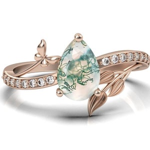 Silver Branches Ring, Moss Agate Ring, Handmade Nature Inspired Jewelry,Botanical Leaves and Vine Ring,Wildflower Woodland Bridal Jewelry