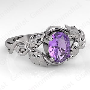 Forest Engagement Ring Amethyst, Rose Vine Rustic Vine Wedding Ring, Victorian Filigree Wedding Band Amethyst Floral Bridal Set, Ginkgo Leaf