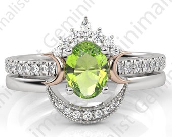 Ringset med Moon Of My Life, oval peridot förlovningsring, trippelmånering, peridot vigselring, silverring med månfaser, himmelska smycken