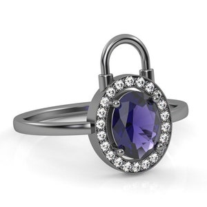 Natural Iolite Engagement Ring White Gold, Purple Gemstone Ring, Dainty Lock Ring, Silver Key Ring, Iolite Geometric Engagement Ring Women