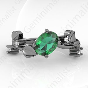 Art Deco Leaf Design Bridal Ring, Natural Zambian Emerald Twig Engagement Ring, Sterling silver branch engagement ring, Nature Inspired Ring