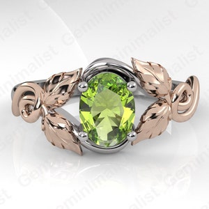 Peridot Dainty branch and leaves ring, Tree Twig and Branch Engagement Ring, Unique peridot ring, Nature Silver Ring, August Birthstone ring