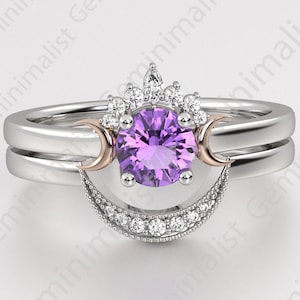 Purple Amethyst Engagement Ring Set, Gothic Wedding Ring Set, Triple Moon Phase Ring, Crescent Moon Celestial Wedding Ring Set, Witch Ring