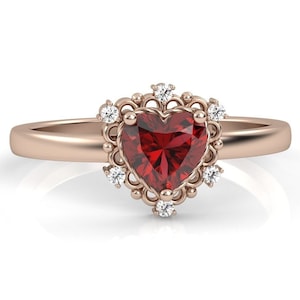 Garnet Heart Engagement Ring, Red Retro Heart Ring Silver, January Birthstone, Claddagh Style Garnet Wedding Ring,Rope Ring,Anniversary Ring