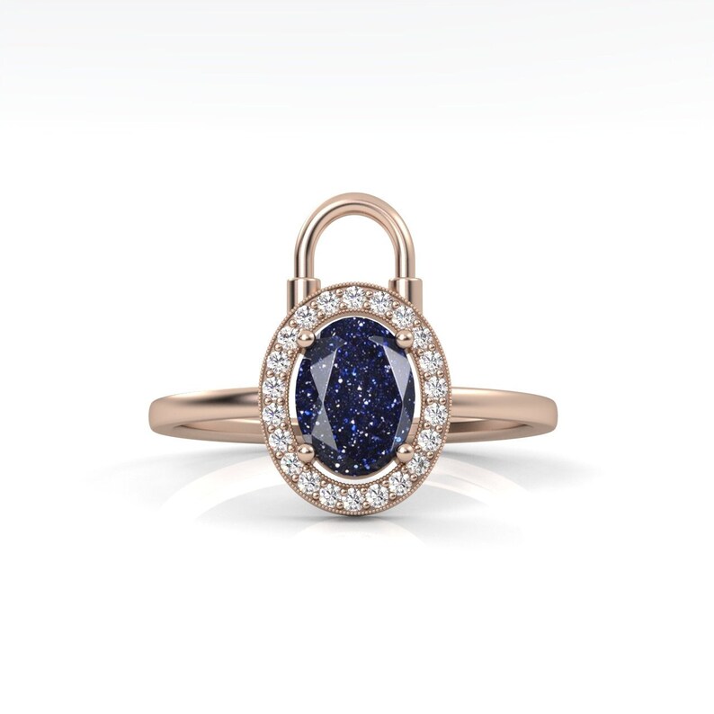 Galaxy Blue Sandstone Engagement Ring, 10k Solid Rose Gold Ring ...