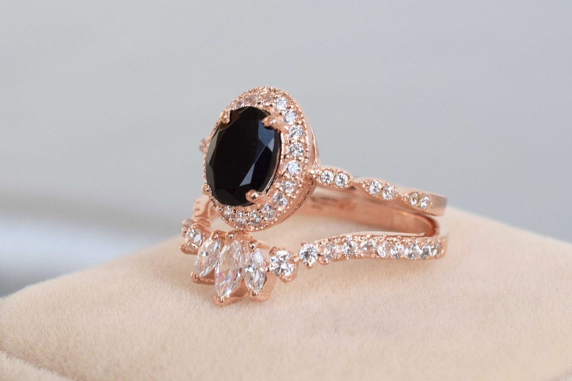 Black Onyx Oval Wedding Ring Set Black Onyx Ring Black Onyx Etsy