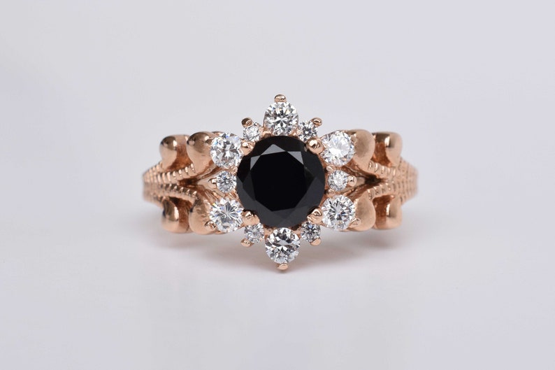 Vintage Black Onyx Wedding shops Engagement Ring, Snow Flake Ring CZ Diamond Halo Unique Black Stone Engagement Ring For Women, Black Flower Ring