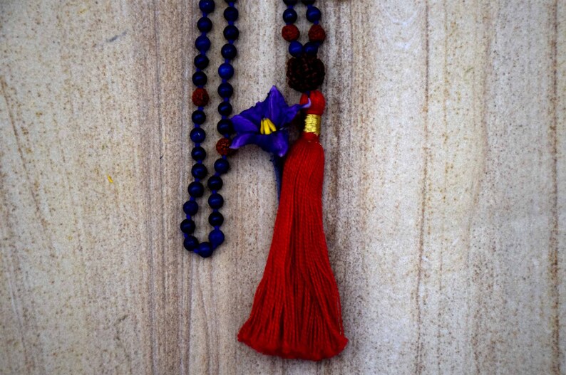 Natural Lapiz Lazuli Hand Carved Crystal Rudraksha Pendant Hand Knotted mala long tassel beaded necklace prayer mala beads 108 guru bead