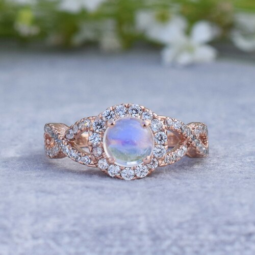 Natural Moonstone Round Engagement shops Ring, Rose Gold Silver Ring, Infinite Diamond Ring June Birthstone Ring,Rainbow Moonstone Engagement Ring