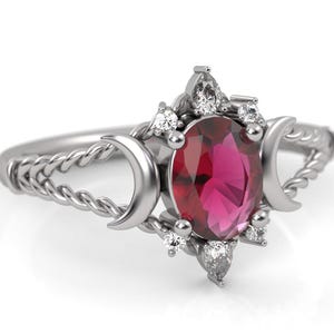 Triple Moon Goddess Ruby Engagement Ring, Pagan Wiccan Hecate Ring, Gothic Occult Jewelry Women, Witchy Wedding Ring, Celestial Promise Ring