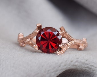 Vintage Garnet Engagement Ring, Garnet Twig Ring, Round Garnet Ring, Nature Inspired Ring, Unusual Branch Garnet Ring, Tree Engagement Ring