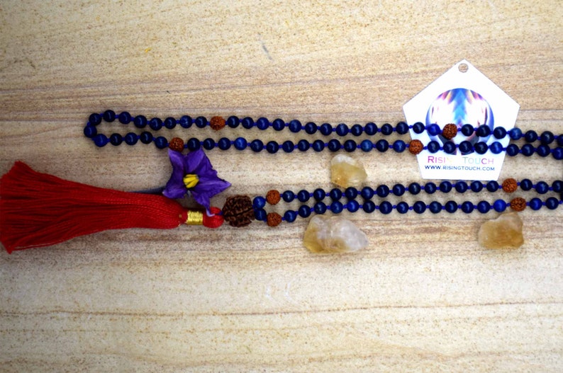 Natural Lapiz Lazuli Hand Carved Crystal Rudraksha Pendant Hand Knotted mala long tassel beaded necklace prayer mala beads 108 guru bead