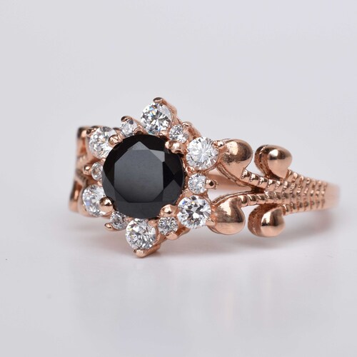 Vintage Black Onyx Wedding shops Engagement Ring, Snow Flake Ring CZ Diamond Halo Unique Black Stone Engagement Ring For Women, Black Flower Ring