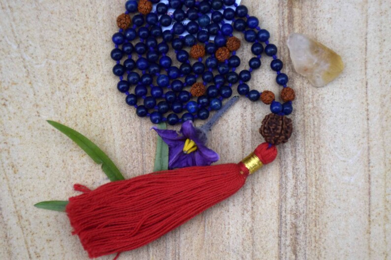 Natural Lapiz Lazuli Hand Carved Crystal Rudraksha Pendant Hand Knotted mala long tassel beaded necklace prayer mala beads 108 guru bead