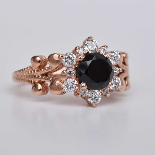 Vintage Black Onyx Wedding shops Engagement Ring, Snow Flake Ring CZ Diamond Halo Unique Black Stone Engagement Ring For Women, Black Flower Ring